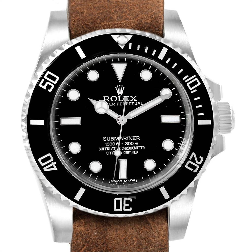 The image shows a front view of a Rolex Submariner 114060 Men's Stainless Steel Black Dial 114060 Men's Stainless Steel Black Dial watch with a black dial, black bezel, and a brown leather strap.