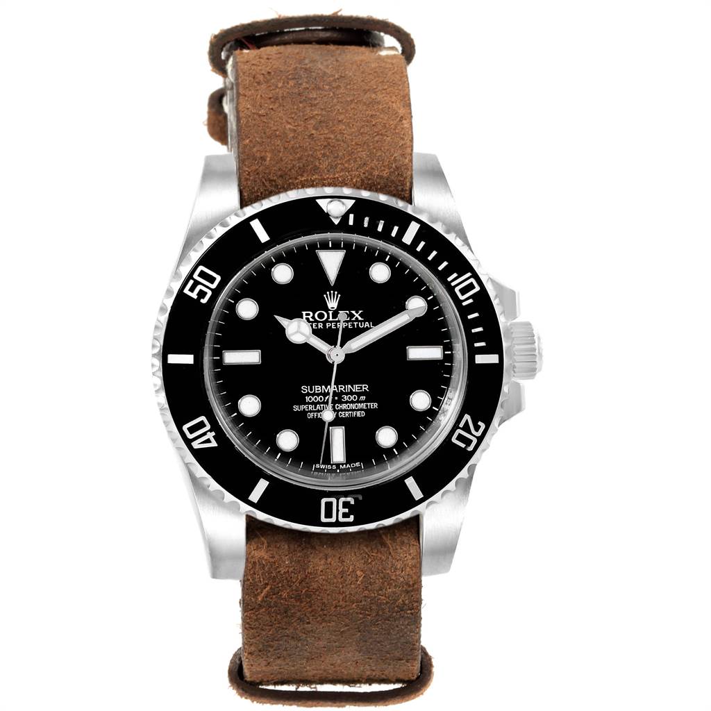 The image shows a front view of a Rolex Submariner 114060 Men's Stainless Steel Black Dial 114060 Men's Stainless Steel Black Dial watch with a brown leather strap and a black bezel and dial.