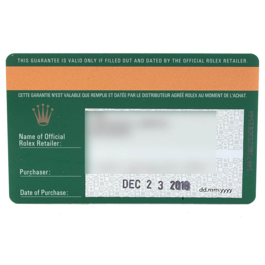 This image shows the warranty card for the Rolex Submariner 114060 Men's Stainless Steel Black Dial 114060 Men's Stainless Steel Black Dial watch, dated December 23, 2018.