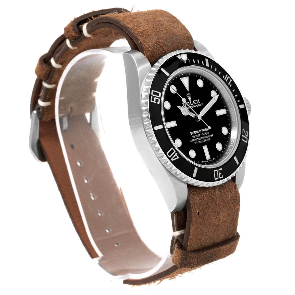 The image shows a Rolex Submariner 114060 Men's Stainless Steel Black Dial 114060 Men's Stainless Steel Black Dial watch angled to display its face, bezel, case, and leather strap.