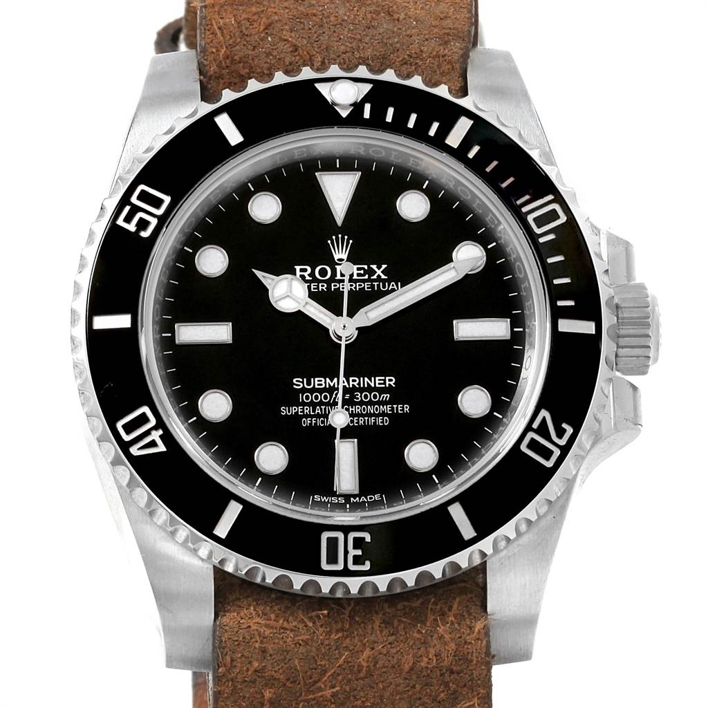The image shows a front view of the Rolex Submariner 114060 Men's Stainless Steel Black Dial 114060 Men's Stainless Steel Black Dial watch, displaying its black dial, rotating bezel, and a brown leather strap.