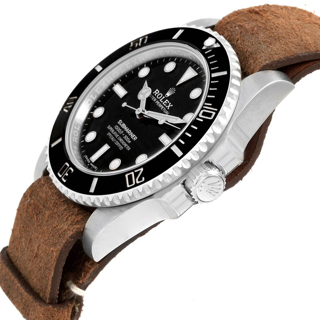 The image shows a Rolex Submariner 114060 Men's Stainless Steel Black Dial 114060 Men's Stainless Steel Black Dial watch at an angled side view, highlighting the bezel, dial, and crown, with a leather strap.