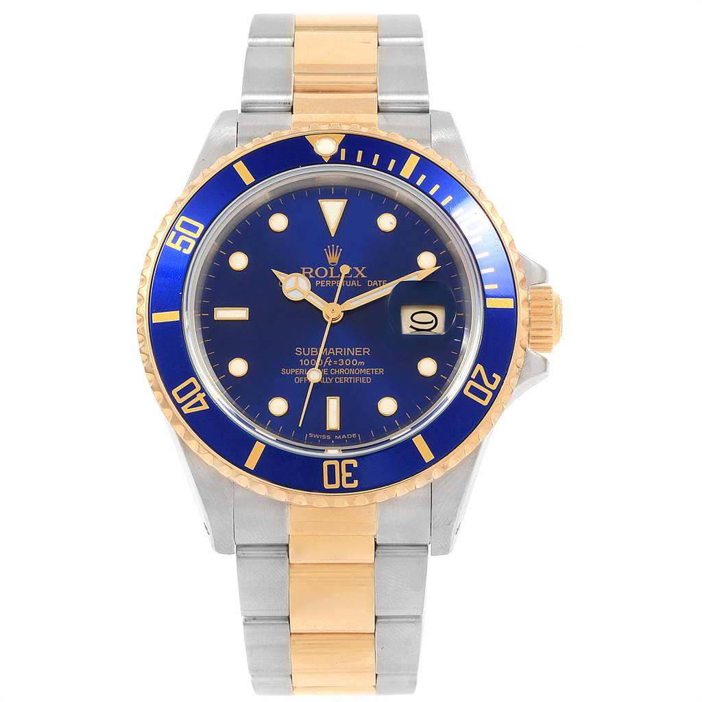 This image shows a front view of a Rolex Submariner 16613 Men's Steel and Gold (two tone) Blue Dial 16613 Men's Steel and Gold (two tone) Blue Dial watch, featuring a blue dial and a two-tone silver and gold bracelet.