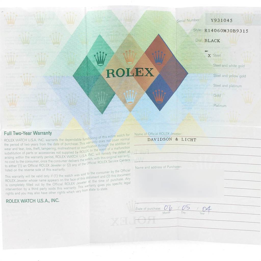 The image shows the warranty card for a Rolex Submariner 14060 Men's Stainless Steel Black Dial 14060 Men's Stainless Steel Black Dial watch.