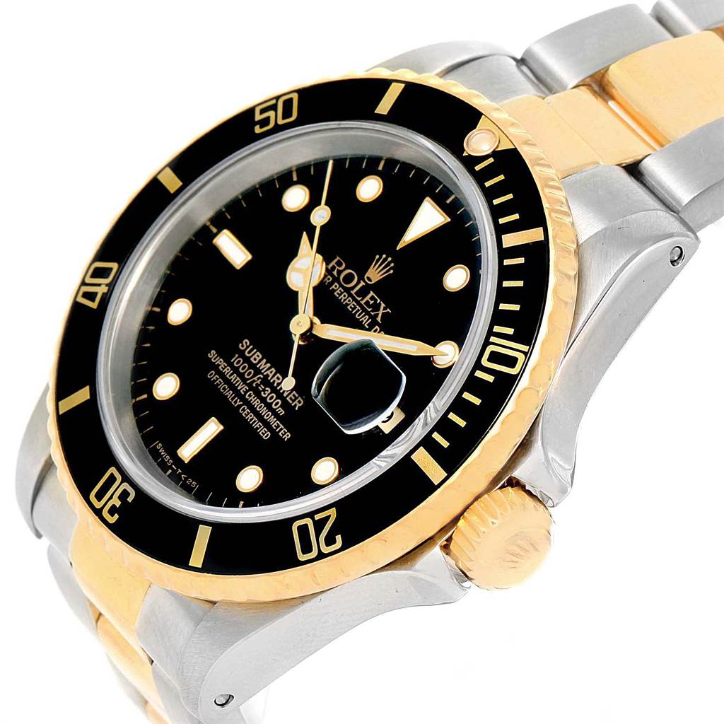 The image shows a side angle of a Rolex Submariner 16613 Men's Steel and Gold (two tone) Black Dial 16613 Men's Steel and Gold (two tone) Black Dial watch, highlighting its face, bezel, and part of the bracelet.