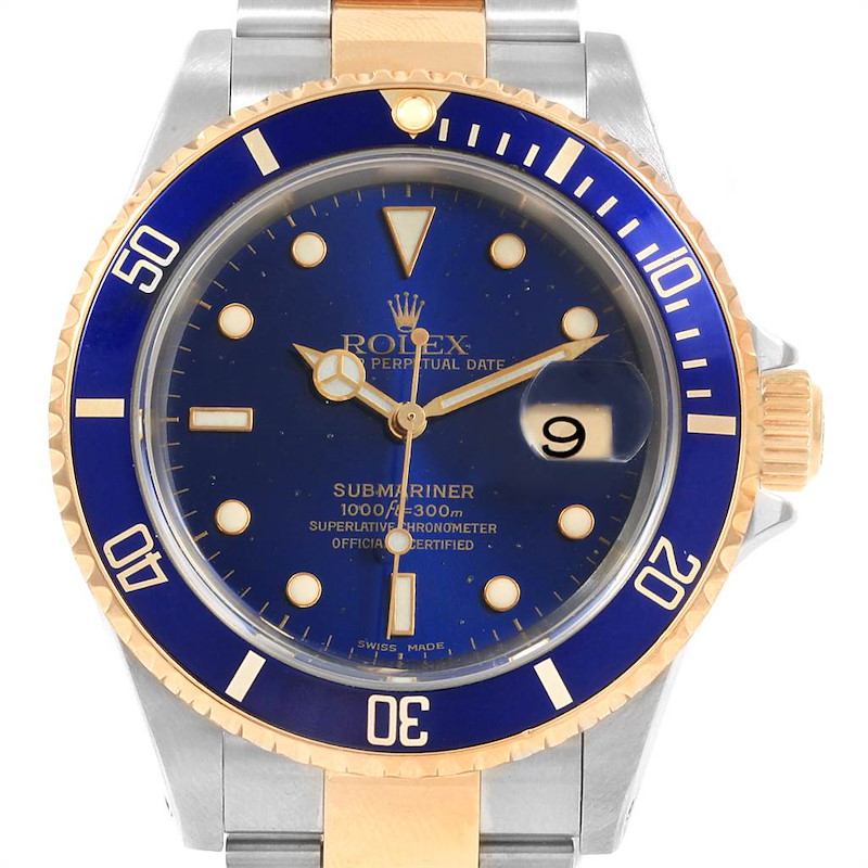 Rolex Submariner Blue Dial and Bezel Steel Gold Watch 16613 Box Papers SwissWatchExpo