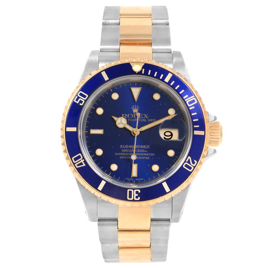 The image shows a front view of a Rolex Submariner 16613 Men's Steel and Gold (two tone) Blue Dial 16613 Men's Steel and Gold (two tone) Blue Dial watch with a blue dial, gold accents, and a two-tone metal bracelet.