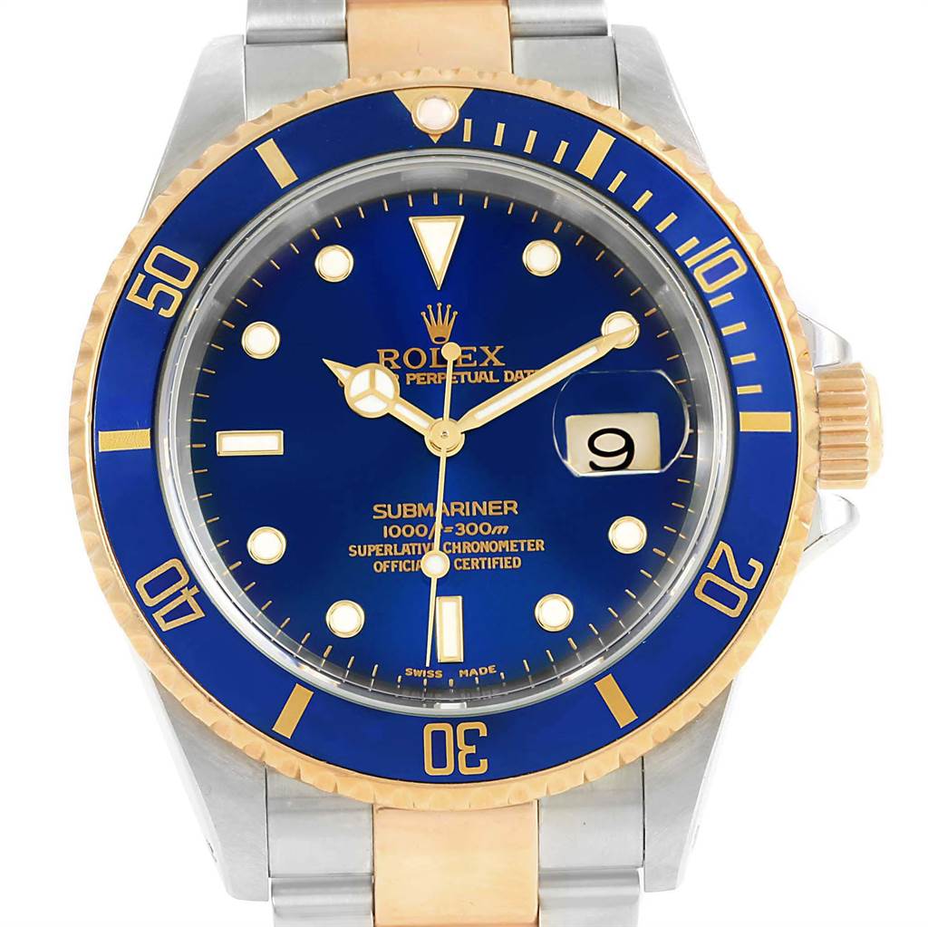 The image shows a front view of a Rolex Submariner 16613 Men's Steel and Gold (two tone) Blue Dial 16613 Men's Steel and Gold (two tone) Blue Dial watch with a blue and gold bezel, blue dial, and a two-tone metal band.
