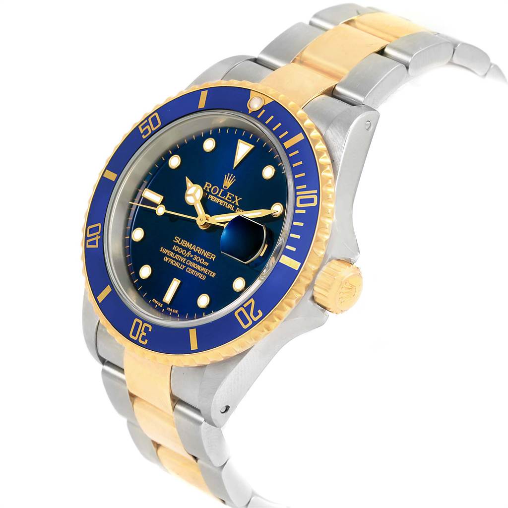 This image shows a Rolex Submariner 16613 Men's Steel and Gold (two tone) Blue Dial 16613 Men's Steel and Gold (two tone) Blue Dial watch from an angled side view, highlighting the face, bezel, crown, and part of the bracelet.