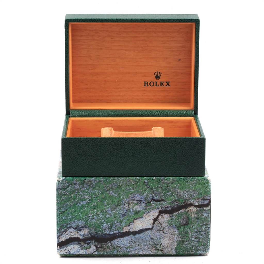 This image shows an open green and wooden box for a Rolex Submariner 16613 Men's Steel and Gold (two tone) Blue Dial 16613 Men's Steel and Gold (two tone) Blue Dial watch, with the Rolex logo visible inside the lid.