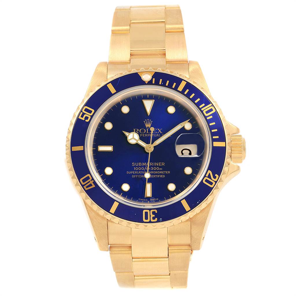 The image shows a front view of a Rolex Submariner 16618 Men's Yellow Gold Blue Dial 16618 Men's Yellow Gold Blue Dial watch, highlighting the blue dial, gold bracelet, and bezel.