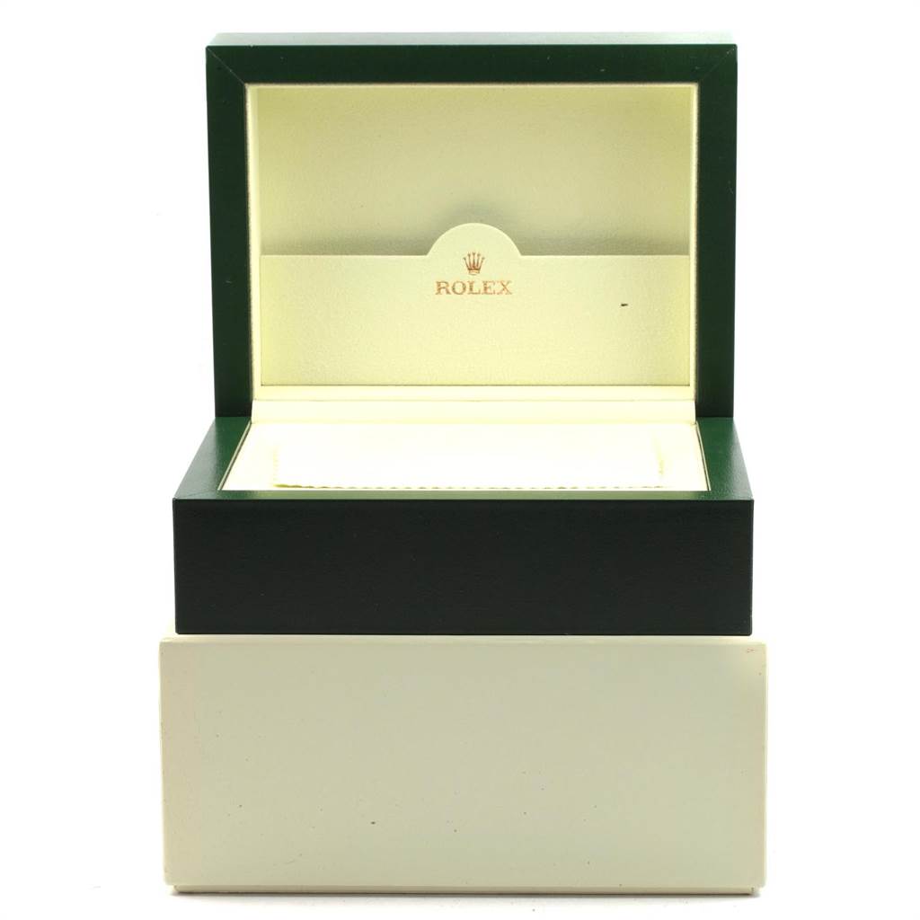 The image shows an open Rolex Submariner 16618 Men's Yellow Gold Blue Dial 16618 Men's Yellow Gold Blue Dial watch box with the Rolex logo inside the lid.