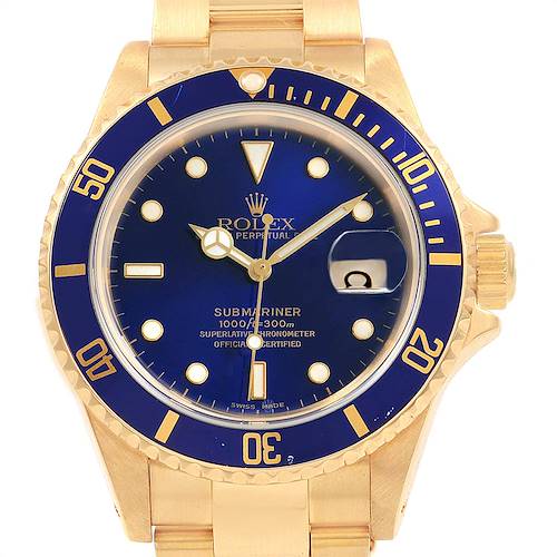 Photo of Rolex Submariner 18K Yellow Gold Blue Dial Bezel Mens Watch 16618