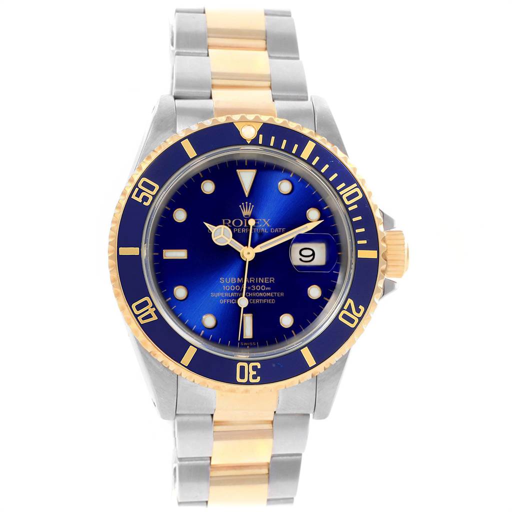 This image shows a Rolex Submariner 16613 Men's Steel and Gold (two tone) Blue Dial 16613 Men's Steel and Gold (two tone) Blue Dial watch with a blue dial, gold-tone bezel, and two-tone metal bracelet from a front angle.