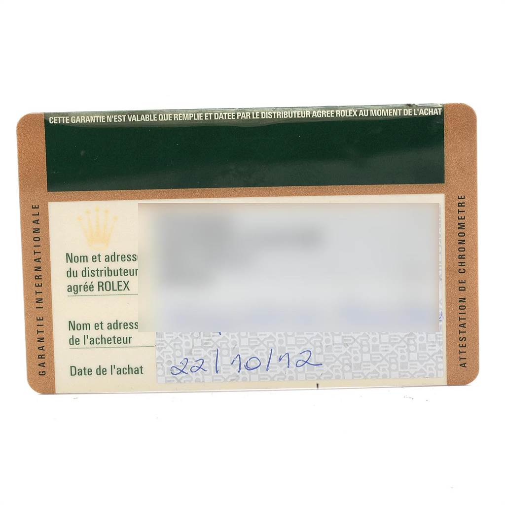 This image shows a warranty card for a Rolex Submariner 116610LV Men's Stainless Steel Green Dial 116610LV Men's Stainless Steel Green Dial model, detailing purchase and distributor information.