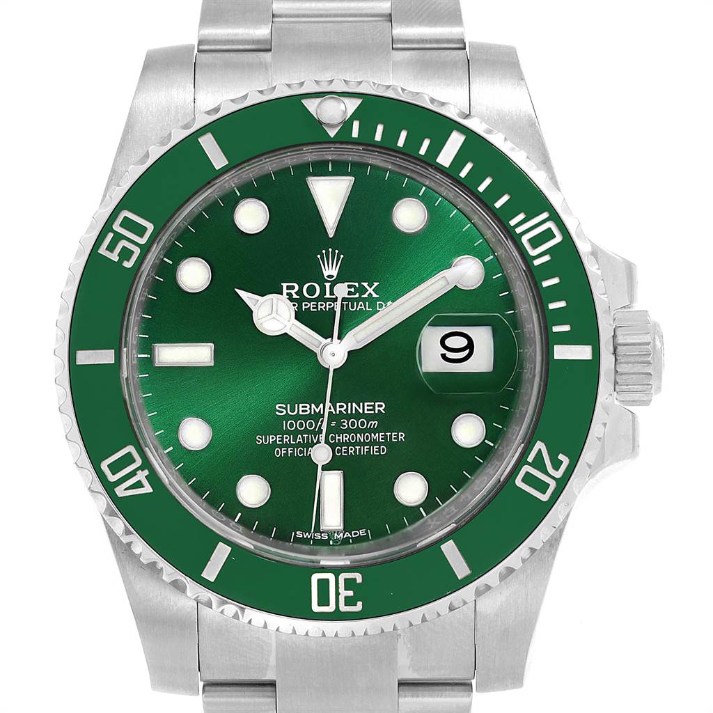 The image shows a front view of a Rolex Submariner 116610LV Men's Stainless Steel Green Dial 116610LV Men's Stainless Steel Green Dial watch with a green dial and bezel.