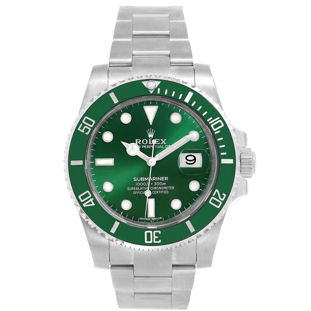 The image shows a frontal view of the Rolex Submariner 116610LV Men's Stainless Steel Green Dial 116610LV Men's Stainless Steel Green Dial watch, highlighting the green dial, bezel, and stainless steel bracelet.
