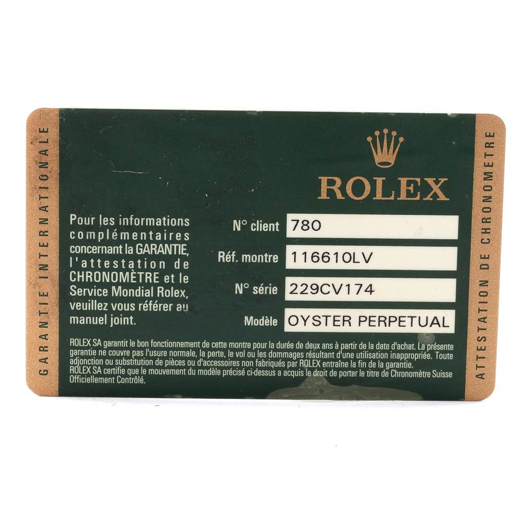 This is a close-up of the warranty card for a Rolex Submariner 116610LV Men's Stainless Steel Green Dial 116610LV Men's Stainless Steel Green Dial model 116610LV.