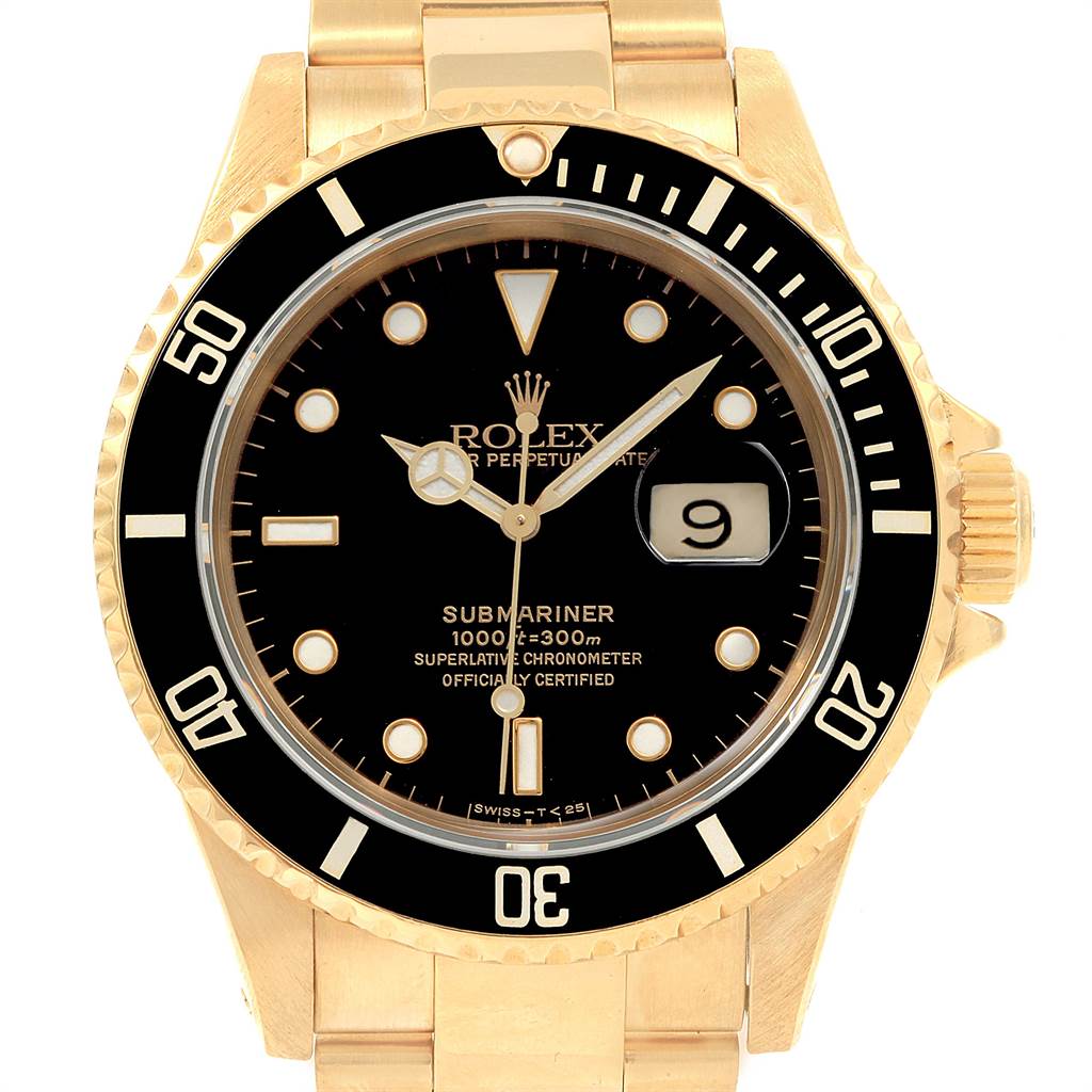 The image shows a front view of a Rolex Submariner 16618 Men's Yellow Gold Black Dial 16618 Men's Yellow Gold Black Dial watch featuring a black dial, gold casing, and bezel with white markings.