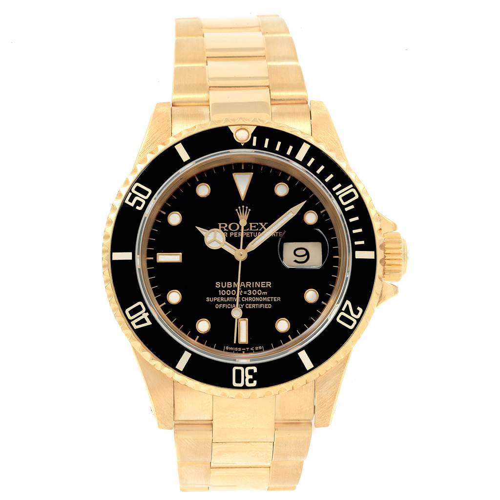 This image shows a Rolex Submariner 16618 Men's Yellow Gold Black Dial 16618 Men's Yellow Gold Black Dial model watch taken from a front angle, displaying its black dial, gold bracelet, and bezel.