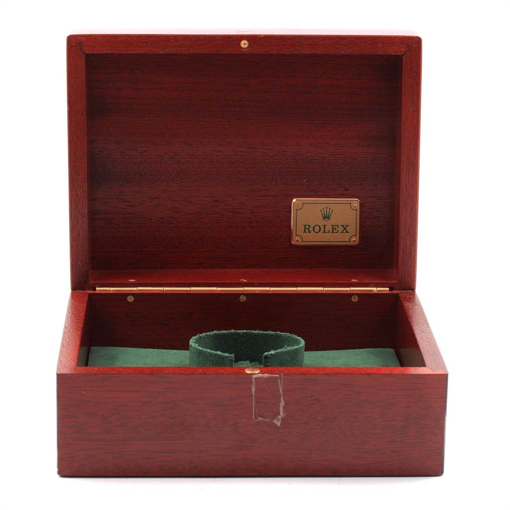 This image shows an open wooden Rolex watch box designed for the Rolex Submariner 16618 Men's Yellow Gold Black Dial 16618 Men's Yellow Gold Black Dial model, revealing a green cushioned interior.