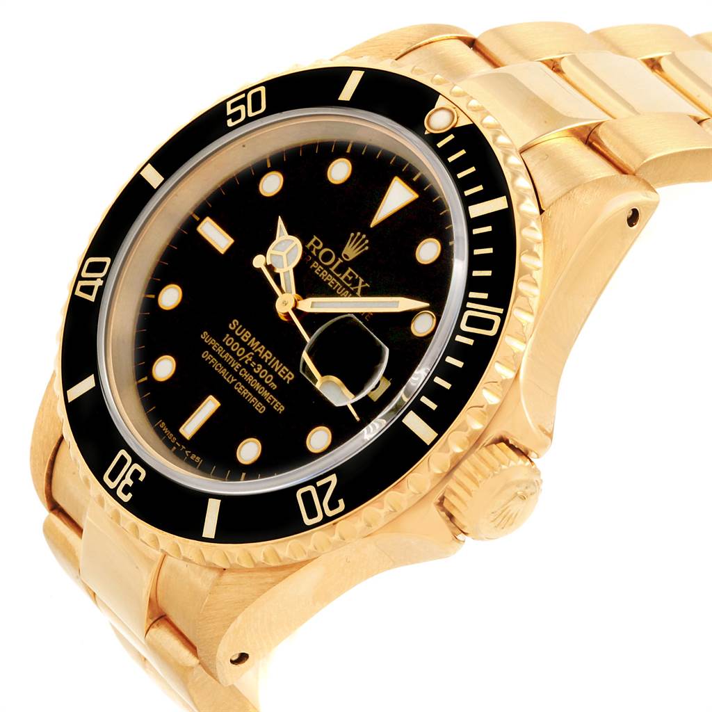 The image shows a side and frontal view of a gold Rolex Submariner 16618 Men's Yellow Gold Black Dial 16618 Men's Yellow Gold Black Dial watch, highlighting the dial, bezel, and bracelet.