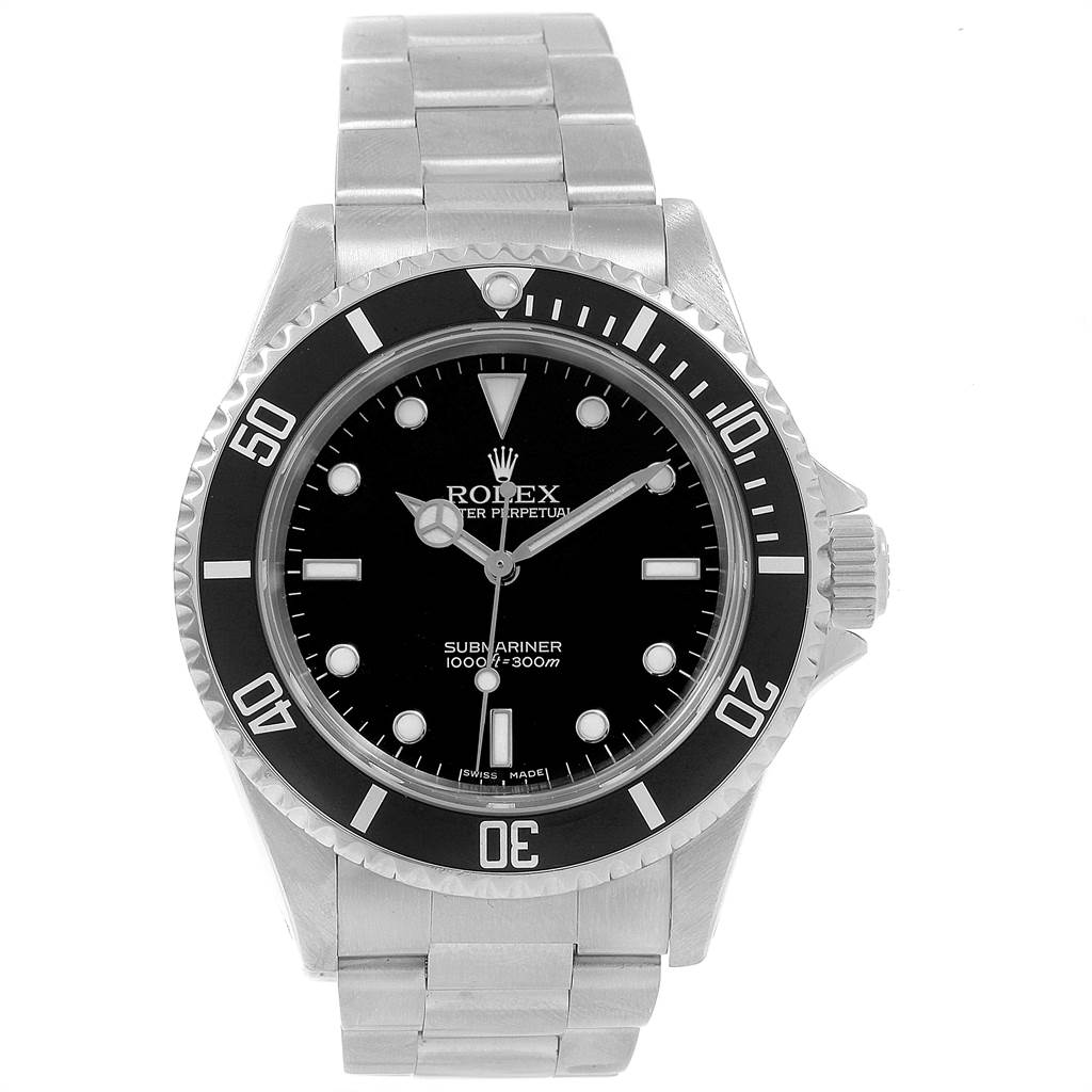 The Rolex Submariner 14060 Men's Stainless Steel Black Dial 14060 Men's Stainless Steel Black Dial watch is shown from a front angle, displaying its face, bezel, and metal bracelet.