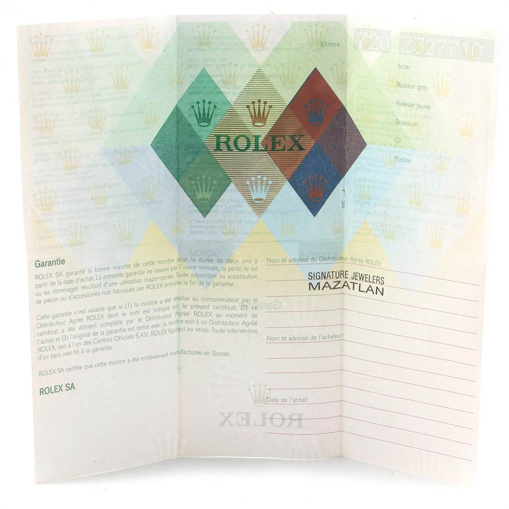 The image shows a warranty certificate for a Rolex Submariner 14060 Men's Stainless Steel Black Dial 14060 Men's Stainless Steel Black Dial watch.