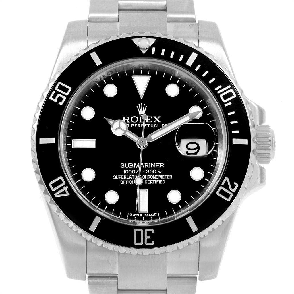This Rolex Submariner 116610 Men's Stainless Steel Black Dial 116610 Men's Stainless Steel Black Dial watch is shown from a front angle, displaying the dial, bezel, and part of the bracelet.