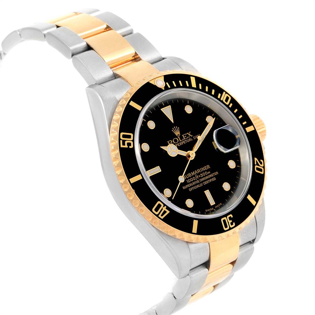 This image shows a Rolex Submariner 16613 Men's Steel and Gold (two tone) Black Dial 16613 Men's Steel and Gold (two tone) Black Dial watch at a slight angle, highlighting its gold and silver bracelet, black dial, and bezel.