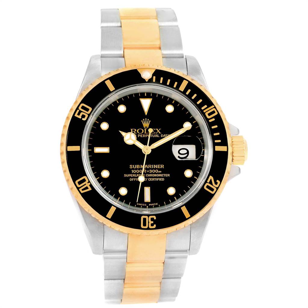 This is a frontal view of a Rolex Submariner 16613 Men's Steel and Gold (two tone) Black Dial 16613 Men's Steel and Gold (two tone) Black Dial watch, showing the dial, bezel, and the two-tone metal bracelet.