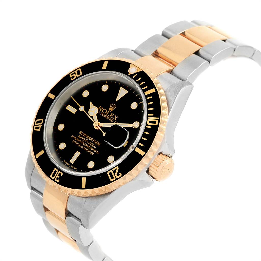 The image shows a side angle of a Rolex Submariner 16613 Men's Steel and Gold (two tone) Black Dial 16613 Men's Steel and Gold (two tone) Black Dial watch, highlighting the black dial, rotating bezel, and two-tone bracelet.