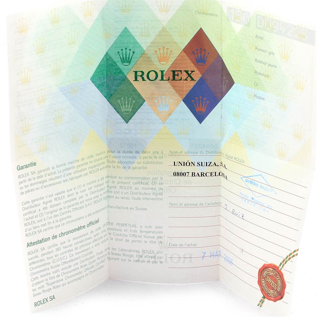 This image shows the warranty certificate for a Rolex Submariner 16613 Men's Steel and Gold (two tone) Black Dial 16613 Men's Steel and Gold (two tone) Black Dial watch, including purchase details and the Rolex logo.