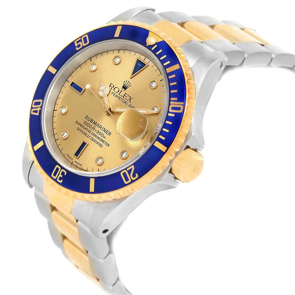 The image shows an angled view of a Rolex Submariner 16613 Men's Steel and Gold (two tone) Champagne Dial 16613 Men's Steel and Gold (two tone) Champagne Dial watch, highlighting its dial, bezel, crown, and bracelet.