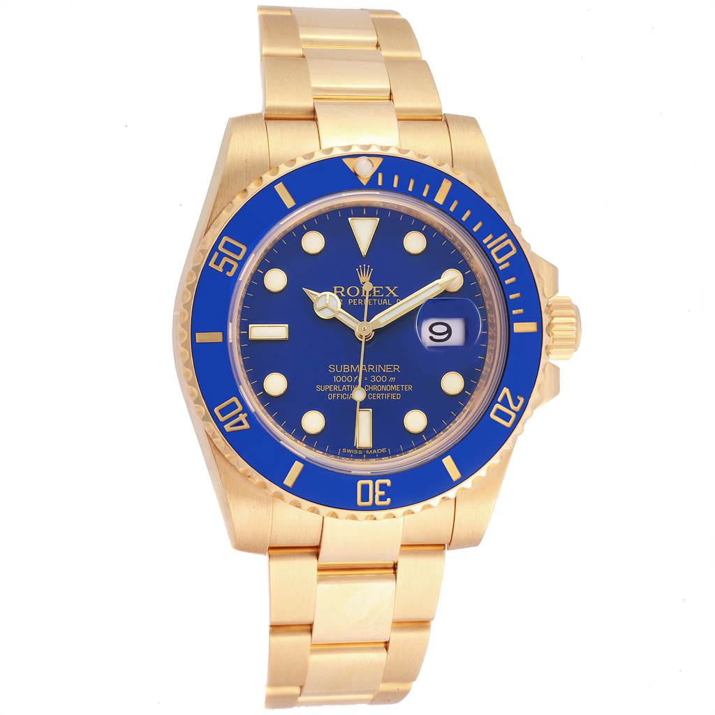 The image shows a front view of a Rolex Submariner 116618 Men's Yellow Gold Blue Dial 116618 Men's Yellow Gold Blue Dial watch, highlighting its blue dial, gold casing, and bracelet.