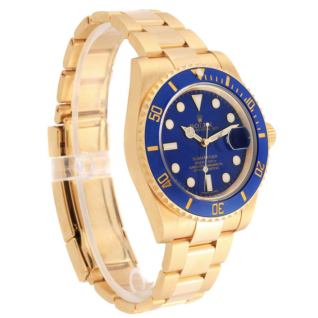 The image shows a side angle of a Rolex Submariner 116618 Men's Yellow Gold Blue Dial 116618 Men's Yellow Gold Blue Dial watch, showcasing its golden body, blue dial, and bezel with a gold bracelet.