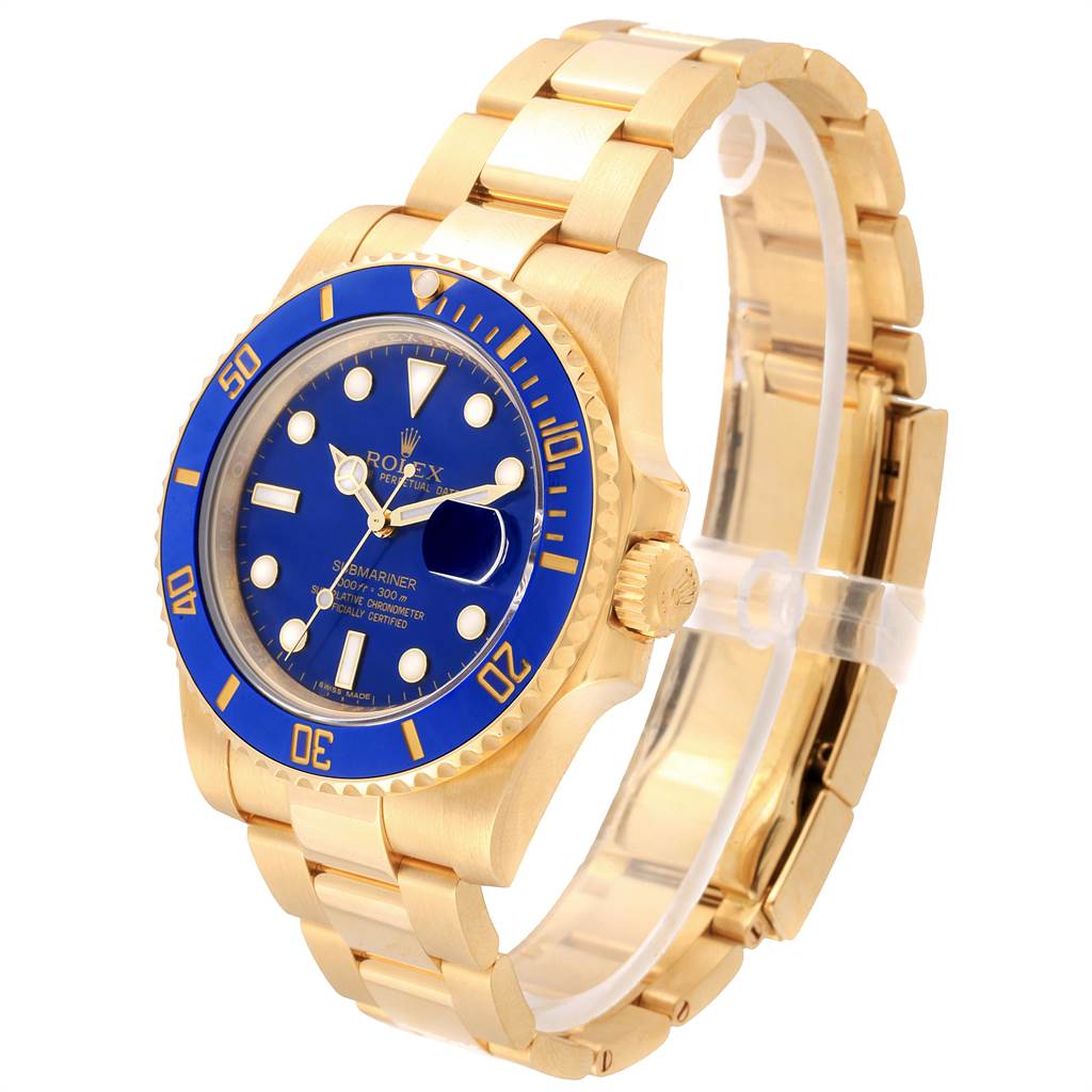 The image shows a Rolex Submariner 116618 Men's Yellow Gold Blue Dial 116618 Men's Yellow Gold Blue Dial watch at an angle displaying the dial, bezel, crown, and part of the bracelet.