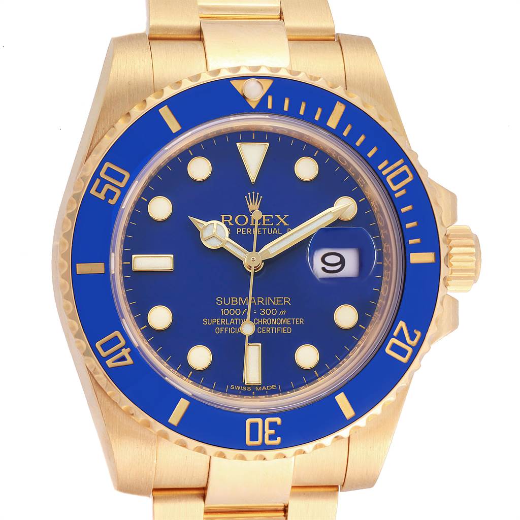 This image shows a front view of the Rolex Submariner 116618 Men's Yellow Gold Blue Dial 116618 Men's Yellow Gold Blue Dial watch, highlighting the blue bezel and dial.