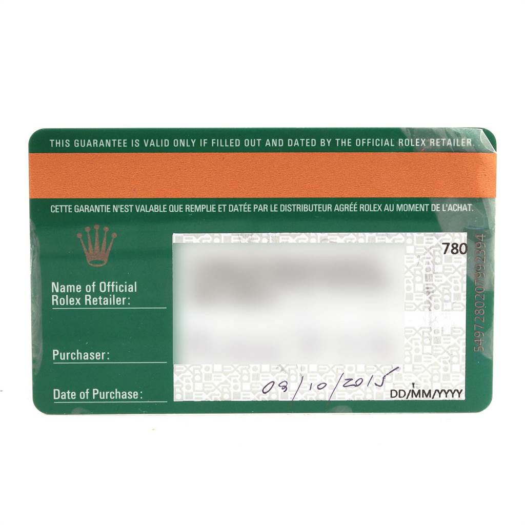 This image shows a warranty card for a Rolex Submariner 116618 Men's Yellow Gold Blue Dial 116618 Men's Yellow Gold Blue Dial watch, including information like the date of purchase.