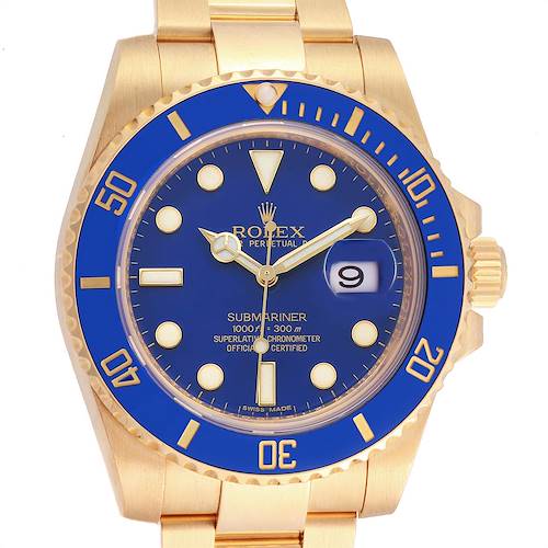 Photo of Rolex Submariner Blue Dial Yellow Gold Mens Watch 116618 Box Card