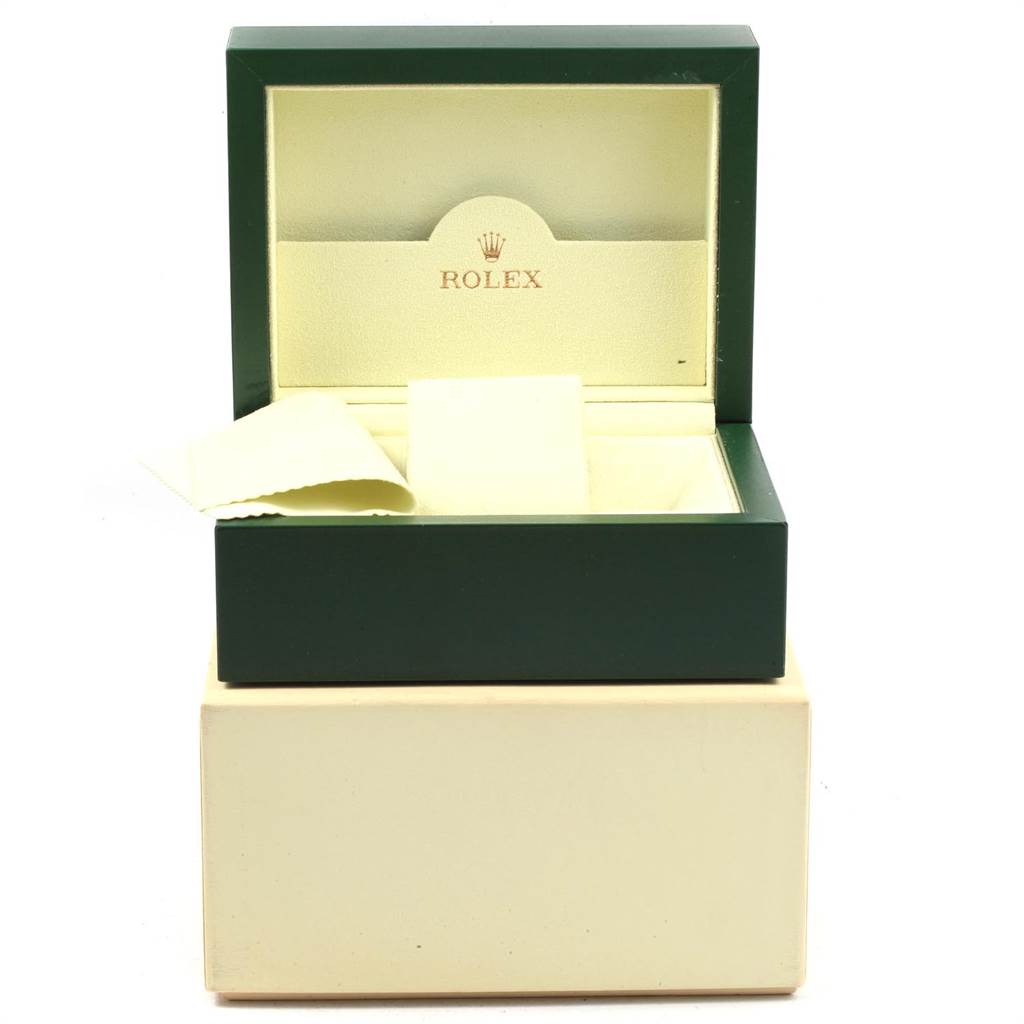 The image displays an open angle view of a Rolex Submariner 16613 Men's Steel and Gold (two tone) Grey Dial 16613 Men's Steel and Gold (two tone) Grey Dial watch box, showing the interior and a cleaning cloth inside.