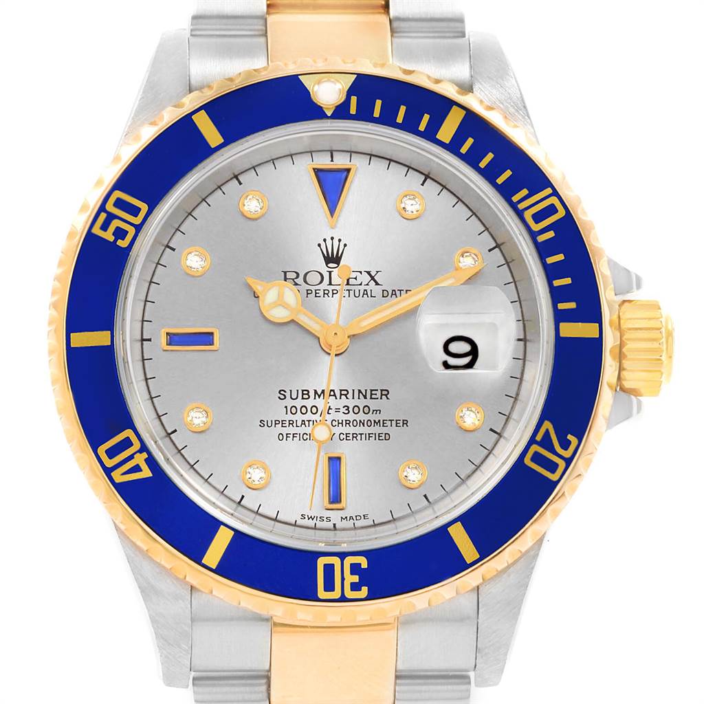 This image shows a frontal view of a Rolex Submariner 16613 Men's Steel and Gold (two tone) Grey Dial 16613 Men's Steel and Gold (two tone) Grey Dial watch, highlighting the dial, bezel, hands, date window, and part of the bracelet.
