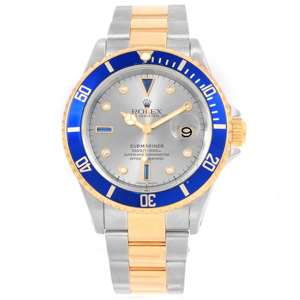 This Rolex Submariner 16613 Men's Steel and Gold (two tone) Grey Dial 16613 Men's Steel and Gold (two tone) Grey Dial watch is displayed from a top-down angle, showing the dial, bezel, and bracelet.