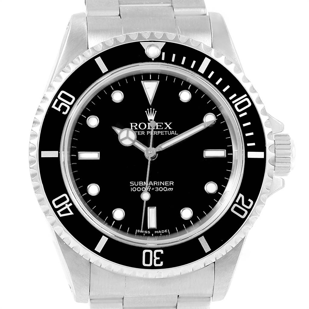 This Rolex Submariner 14060 Men's Stainless Steel Black Dial 14060 Men's Stainless Steel Black Dial watch is shown from a top-down angle, highlighting its dial, bezel, and bracelet.