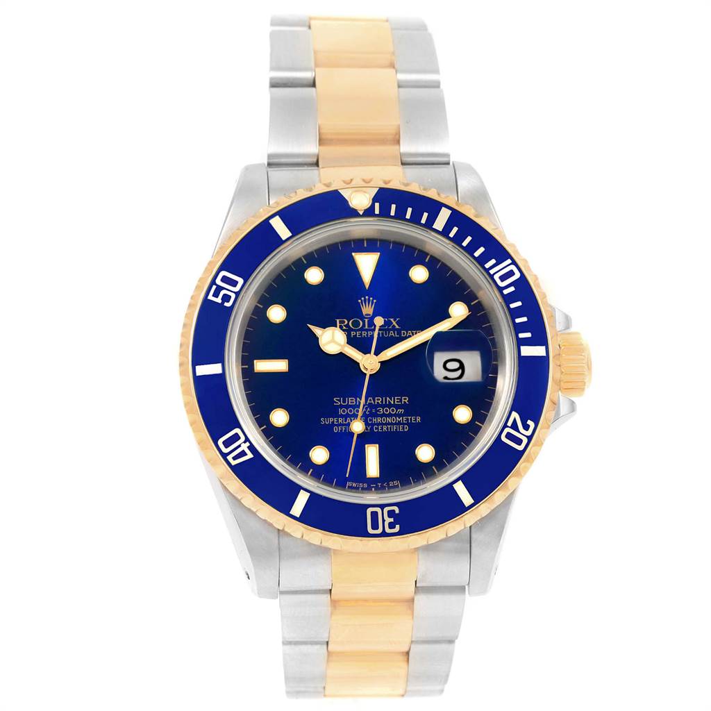 This image shows a front view of a Rolex Submariner 16613 Men's Steel and Gold (two tone) Blue Dial 16613 Men's Steel and Gold (two tone) Blue Dial, displaying the dial, bezel, bracelet, and date window.