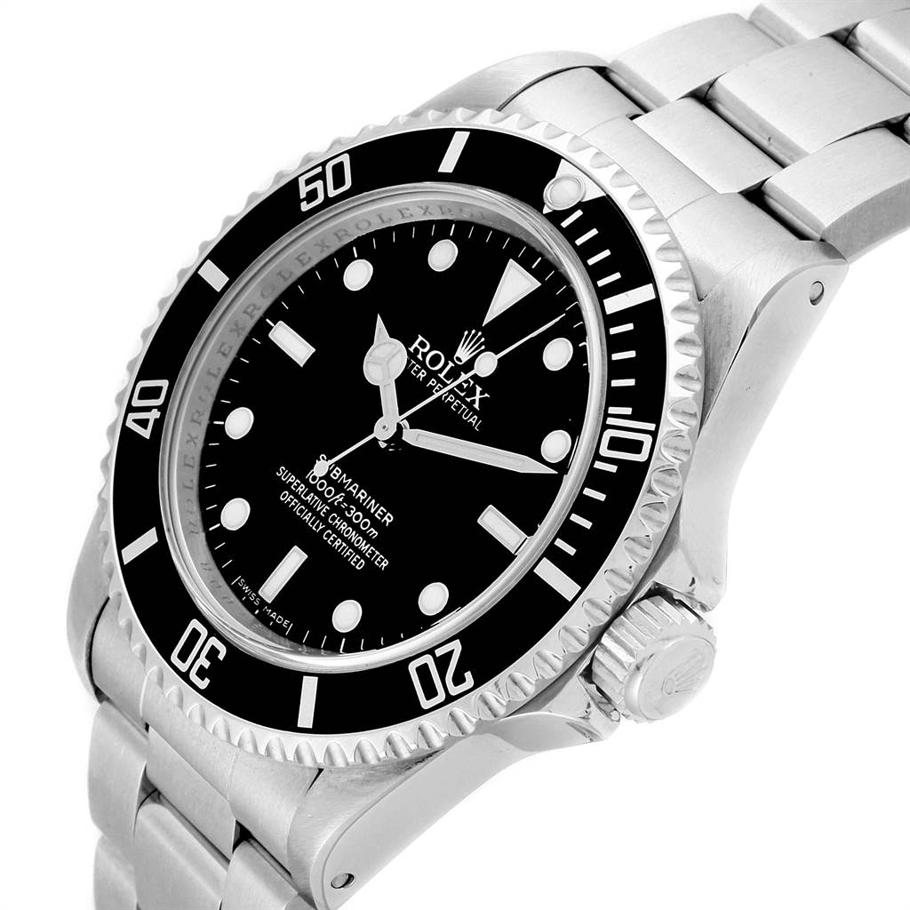 The image shows a close-up, side-angle view of a Rolex Submariner 14060 Men's Stainless Steel Black Dial 14060 Men's Stainless Steel Black Dial watch, highlighting its bezel, dial, crown, and bracelet.
