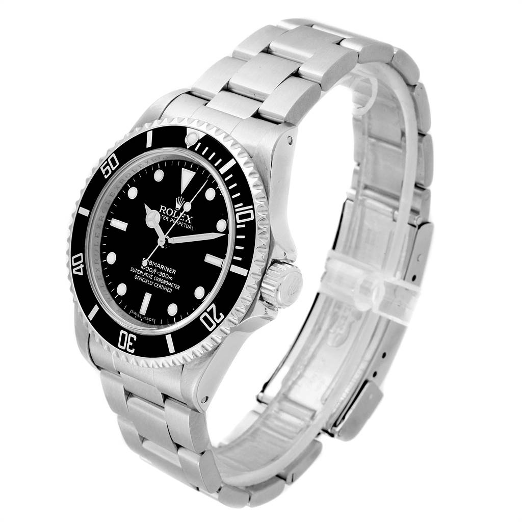 The Rolex Submariner 14060 Men's Stainless Steel Black Dial 14060 Men's Stainless Steel Black Dial watch is shown at a three-quarter angle, displaying the face, dial, bezel, case, and the majority of the bracelet.