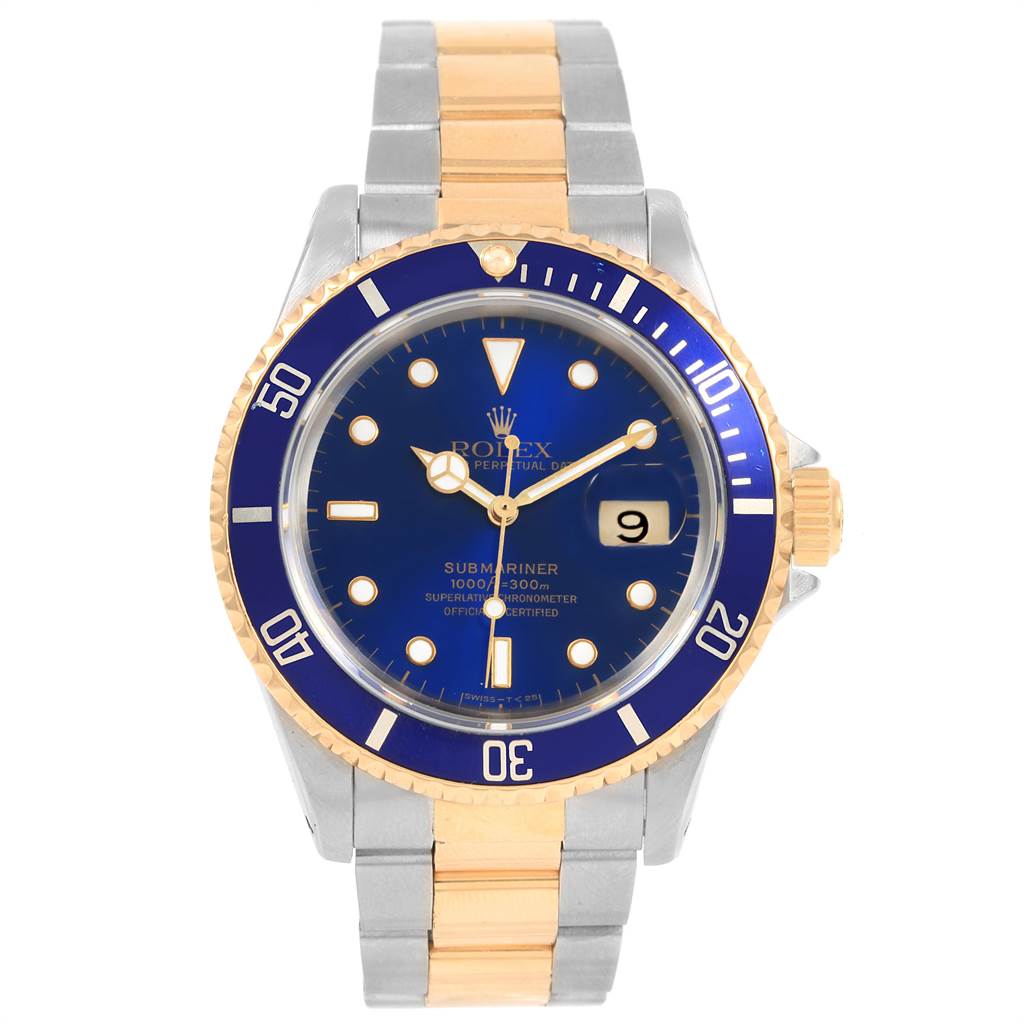This image shows a frontal view of a Rolex Submariner 16613 Men's Steel and Gold (two tone) Blue Dial 16613 Men's Steel and Gold (two tone) Blue Dial watch, displaying its face, bezel, and metal bracelet.
