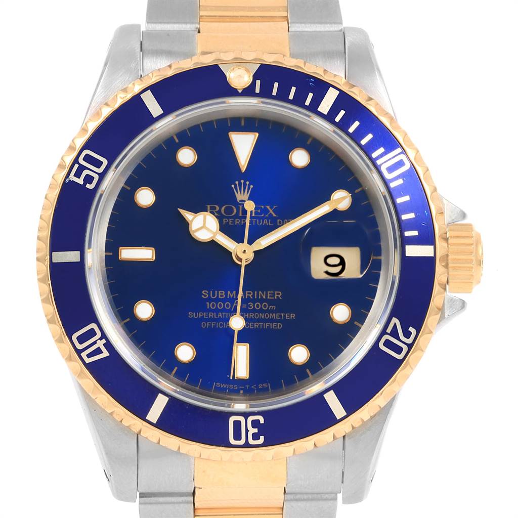 The image shows a front view of a Rolex Submariner 16613 Men's Steel and Gold (two tone) Blue Dial 16613 Men's Steel and Gold (two tone) Blue Dial watch, displaying the dial, bezel, and part of the bracelet.