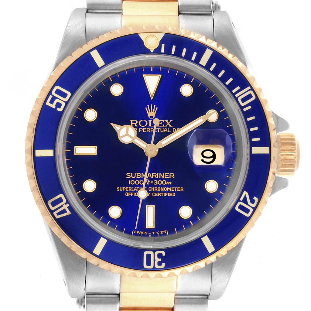 The image shows a front view of a Rolex Submariner 16613 Men's Steel and Gold (two tone) Blue Dial 16613 Men's Steel and Gold (two tone) Blue Dial watch, highlighting the dial, bezel, and part of the bracelet.